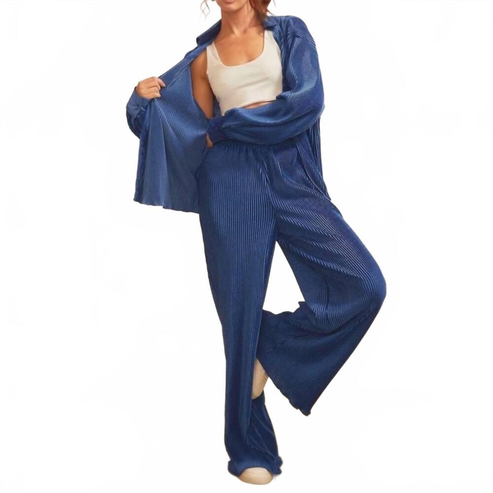 NEW MAIN STRIP luxe pleated lounge set in sapphire blue